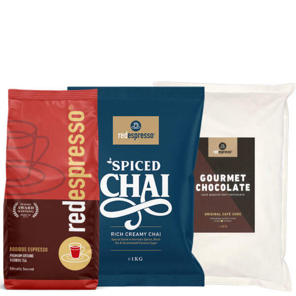 Café Favourites Combo: Rooibos Espresso 1kg + Premium Spiced Chai 1kg + Original Café Choc Gourmet Chocolate Powder 1kg