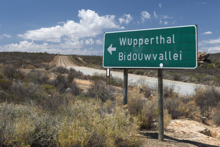 Sign for Wupperthal and the Biedouw Valley in the Cederberg Mountains of South Africa.